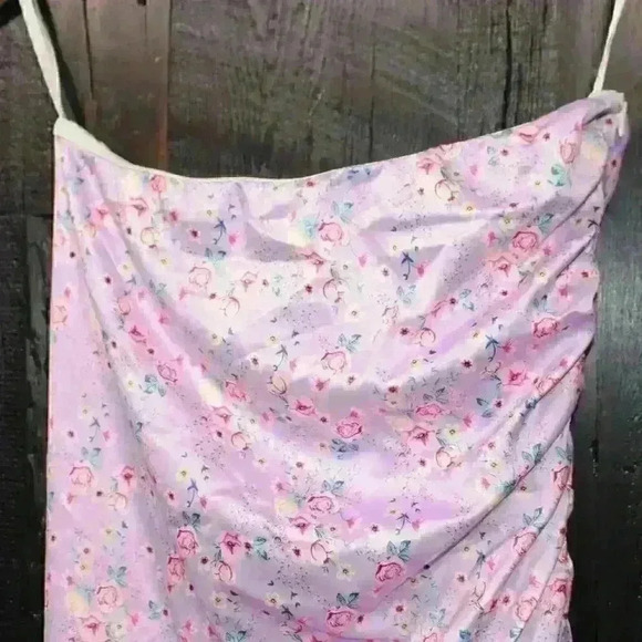 ALAMOUR Silky Sexy Strapless Ruched Side Purple Floral Mini Dress Women Large - Picture 2 of 8